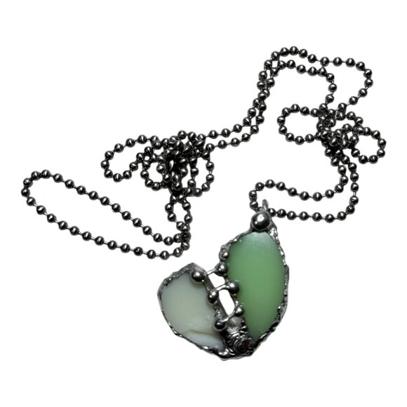 Vaseline Glass “Mended” Heart Pendant Bezel Artisan Crafted Glowing Glass - Picture 4 of 17